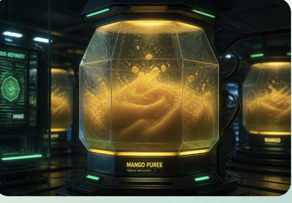 Hexagonal glass containment vessel holding luminous golden mango puree inside the Eden bio-refinery