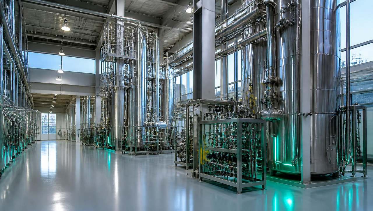 Stainless steel fractionation columns and pipework inside the Eden Ghana bio-refinery, lit by cool industrial light.
