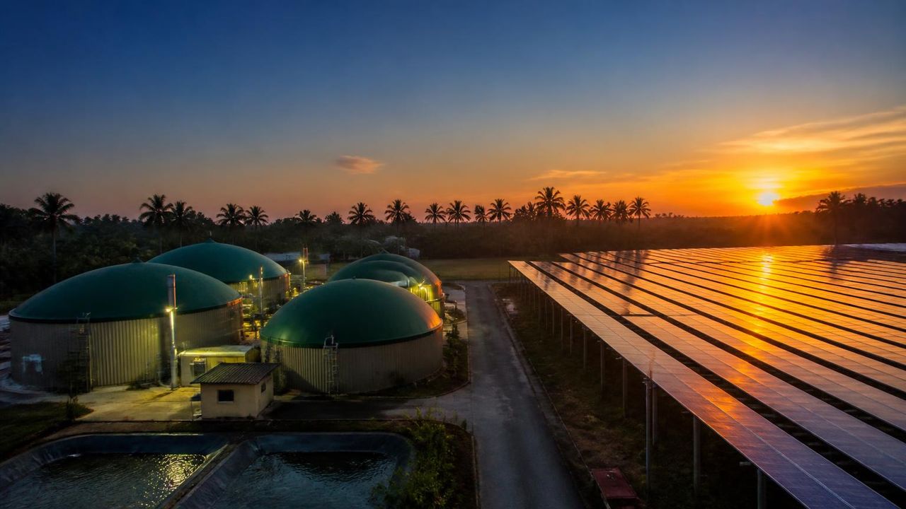 Green anaerobic digester domes beside a solar array at sunset on the Eden Ghana campus