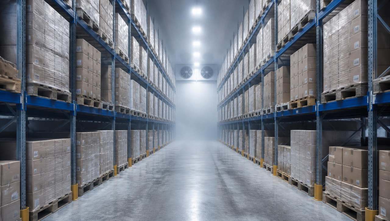 Interior of a frost-lit cold store with pallets of Eden Ghana export cartons stacked in racking aisles.