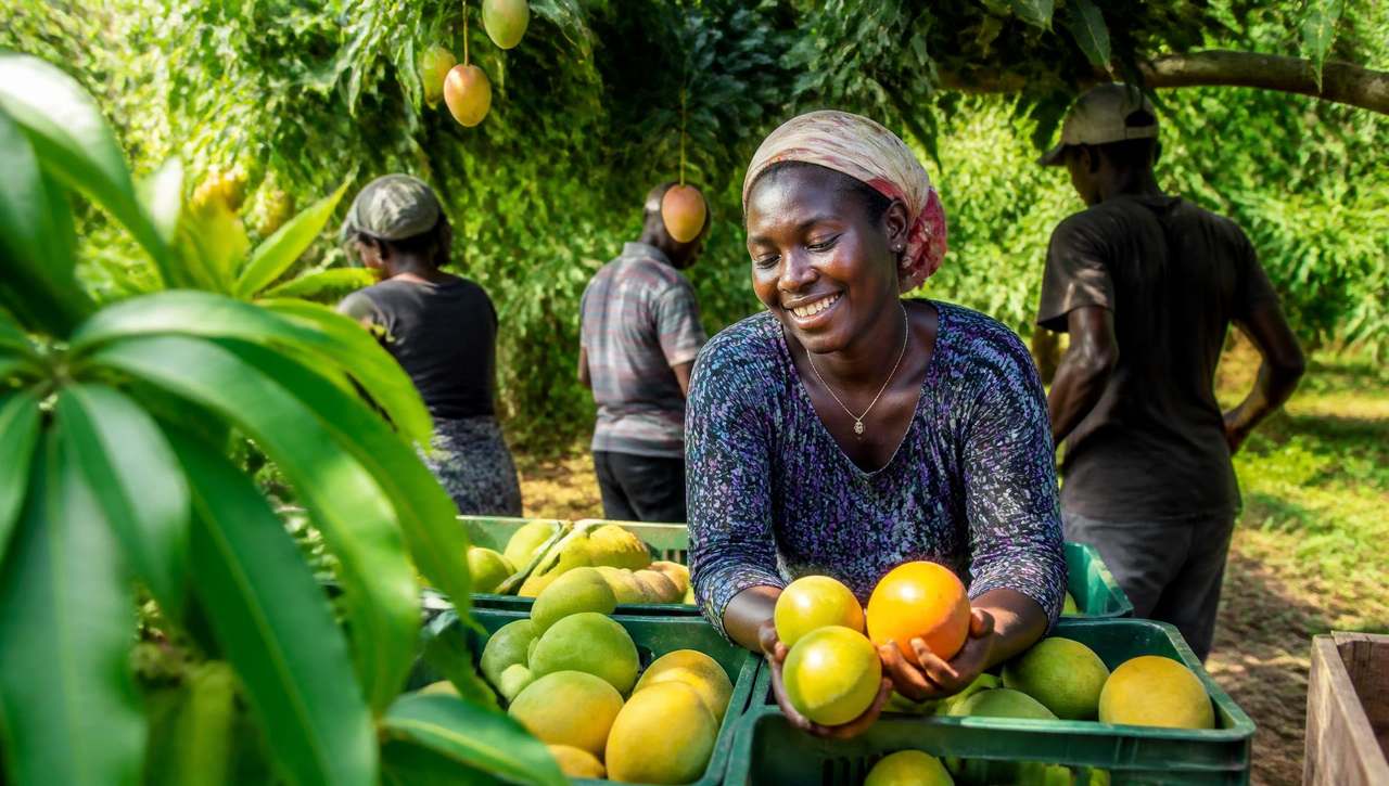 Community orchard with growers harvesting mangoes into crates under a bright tropical sky.