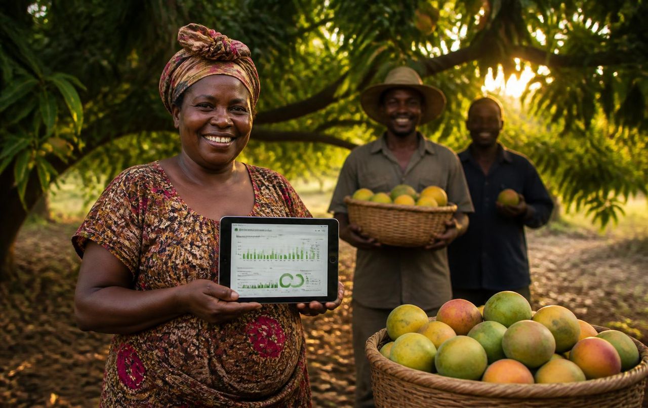 Community orchard with growers harvesting mangoes into crates under a bright tropical sky.