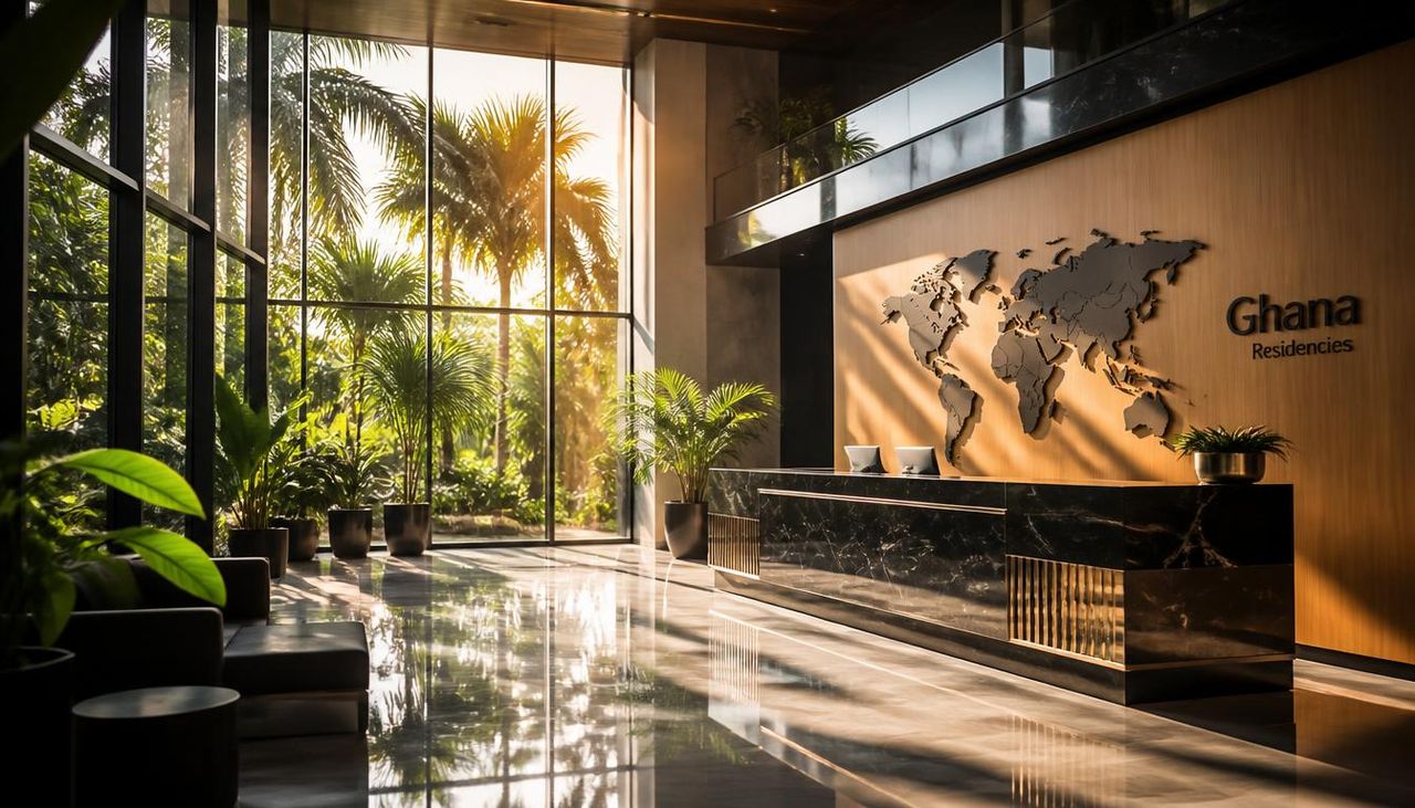Sunlit reception lobby of the Eden Ghana headquarters with a world map installation, tropical plants and a black marble desk.