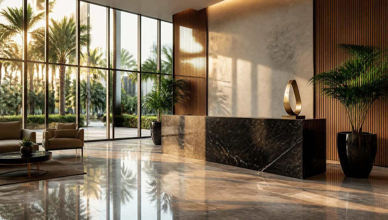 Sunlit reception lobby of the Eden Ghana headquarters with a world map installation, tropical plants and a black marble desk.