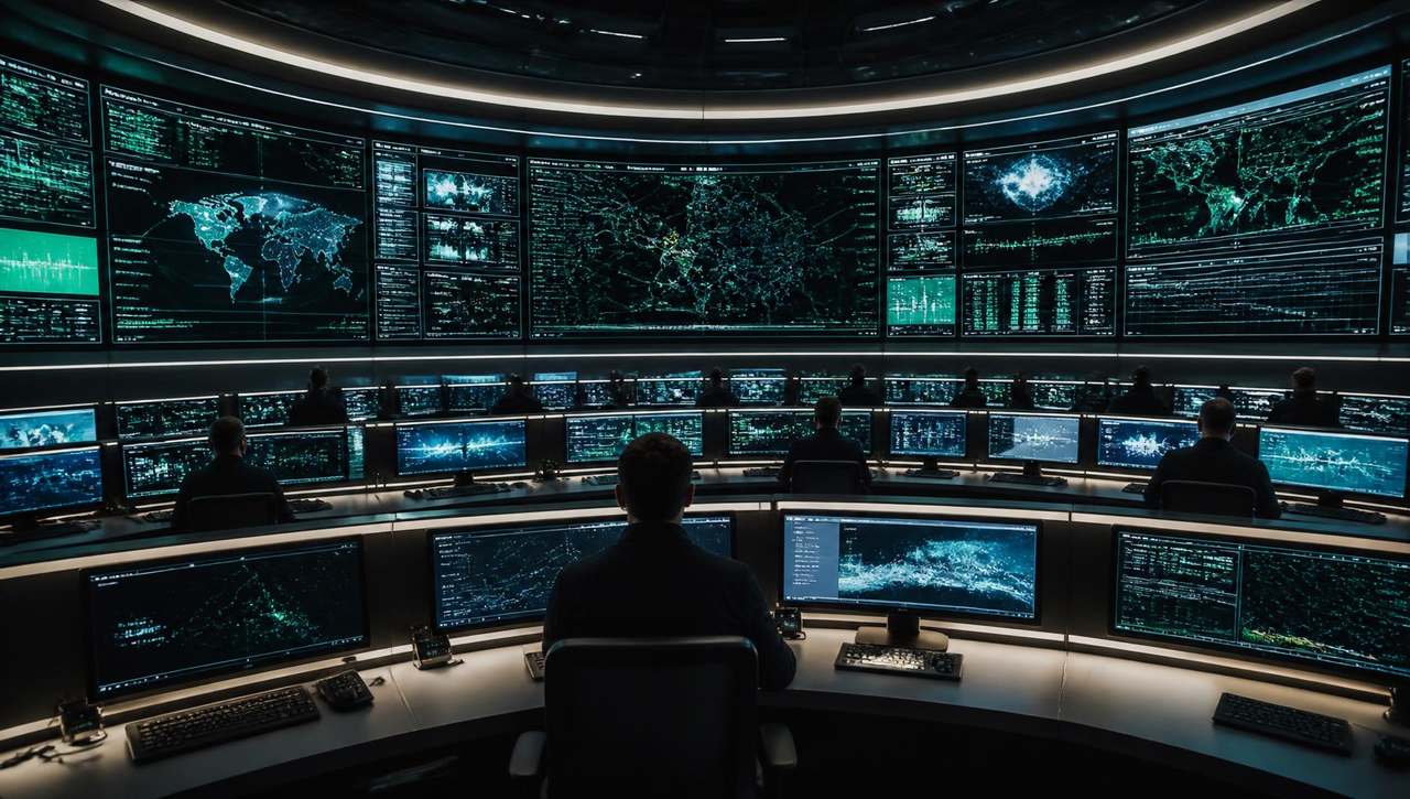 iEDEN-OS mission control room with curved telemetry walls showing campus zones, corridor maps and live process data.