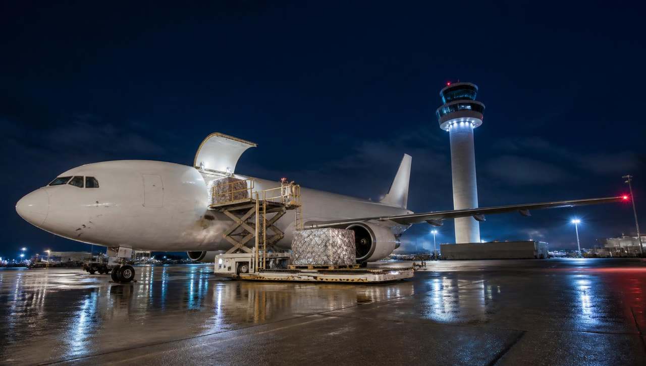 Refrigerated pallets of Eden Ghana fruit product being loaded into a cargo aircraft at dusk
