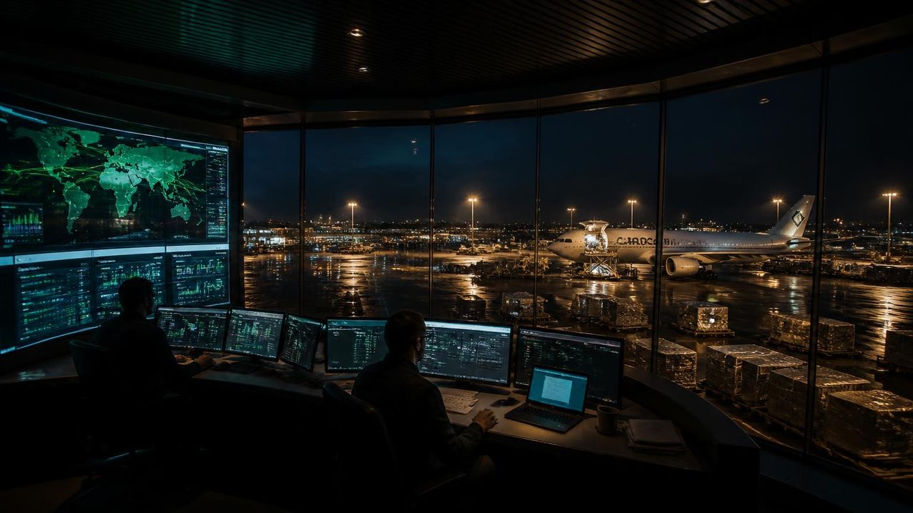 Refrigerated pallets of Eden Ghana fruit product being loaded into a cargo aircraft at dusk