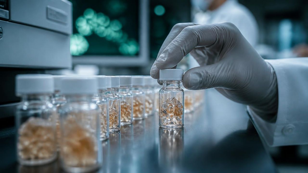 Rows of amber pharmaceutical vials of Bromelain-Ultra enzyme concentrate on a lit laboratory bench.