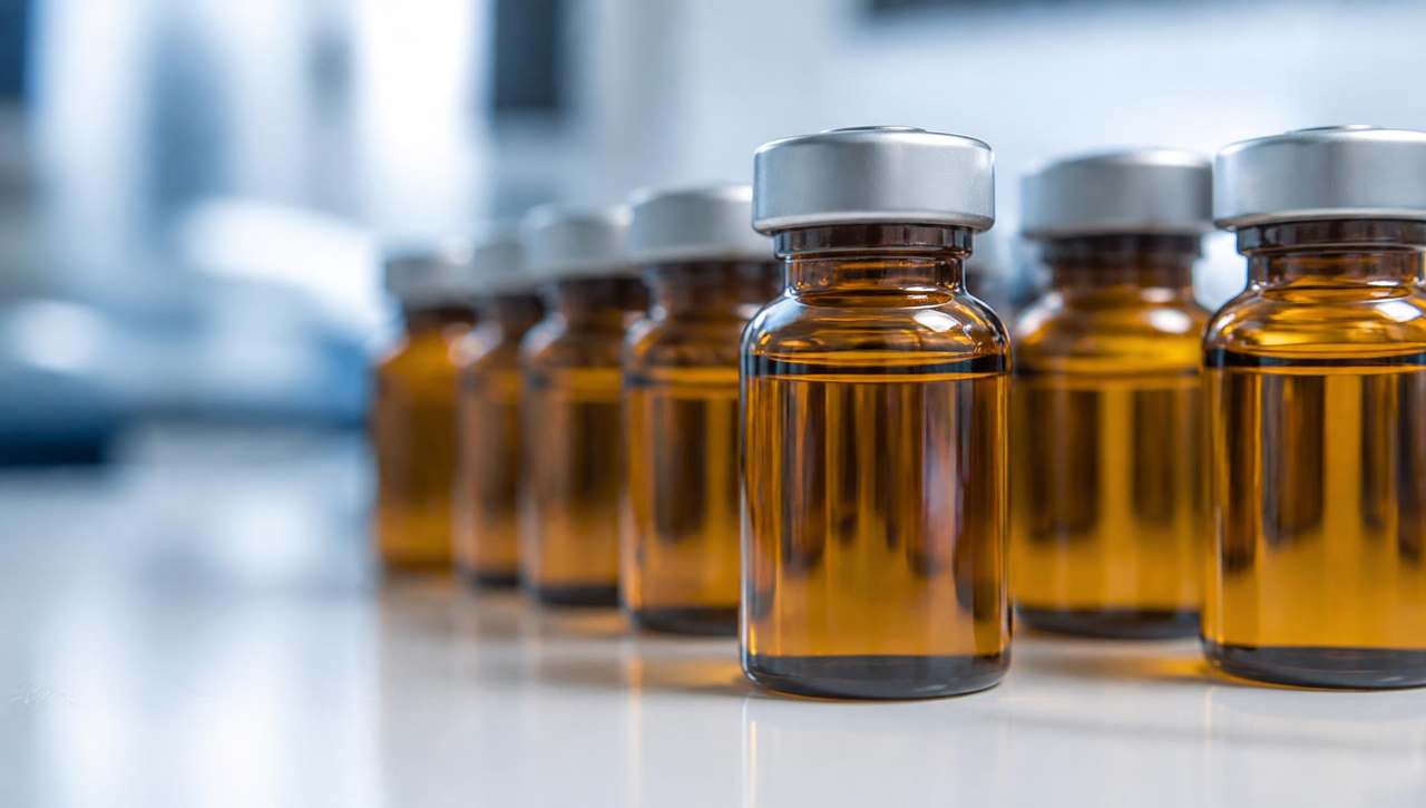 Rows of amber pharmaceutical vials of Bromelain-Ultra enzyme concentrate on a lit laboratory bench.