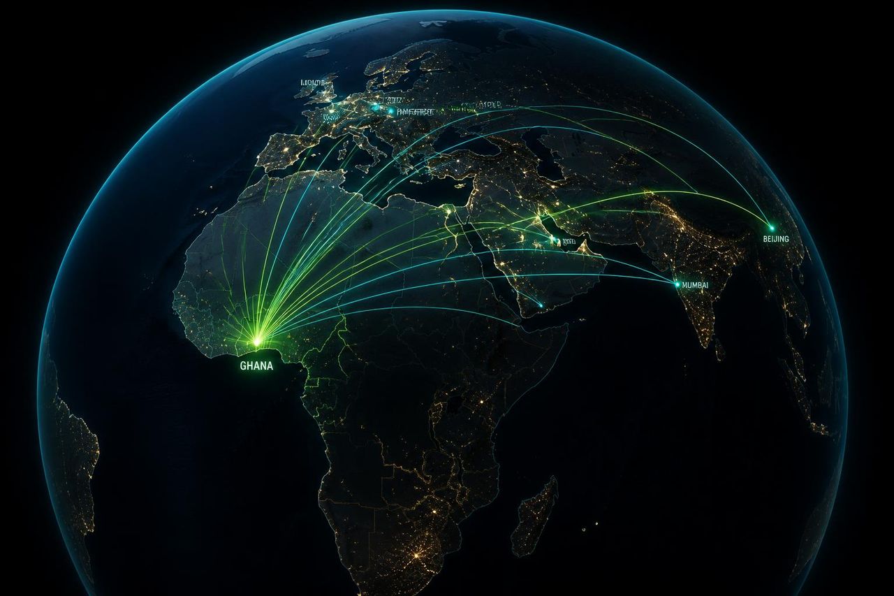 Glowing export corridors radiating from Ghana across the globe