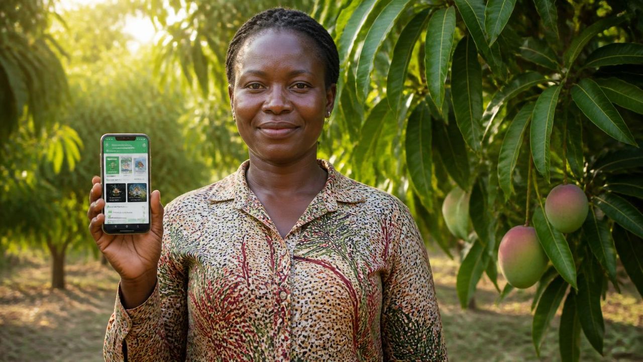 Ghanaian partner farmer holding the EDEN app in a sunlit mango orchard
