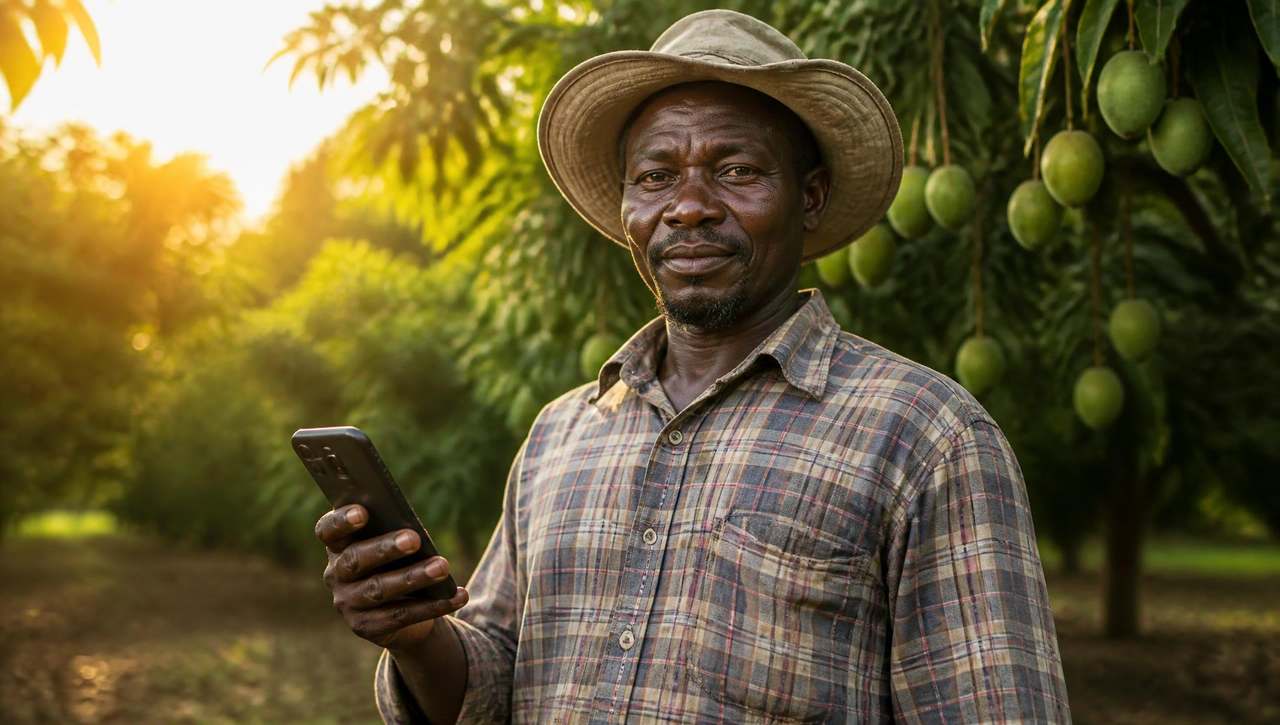 Ghanaian partner farmer holding the EDEN app in a sunlit mango orchard