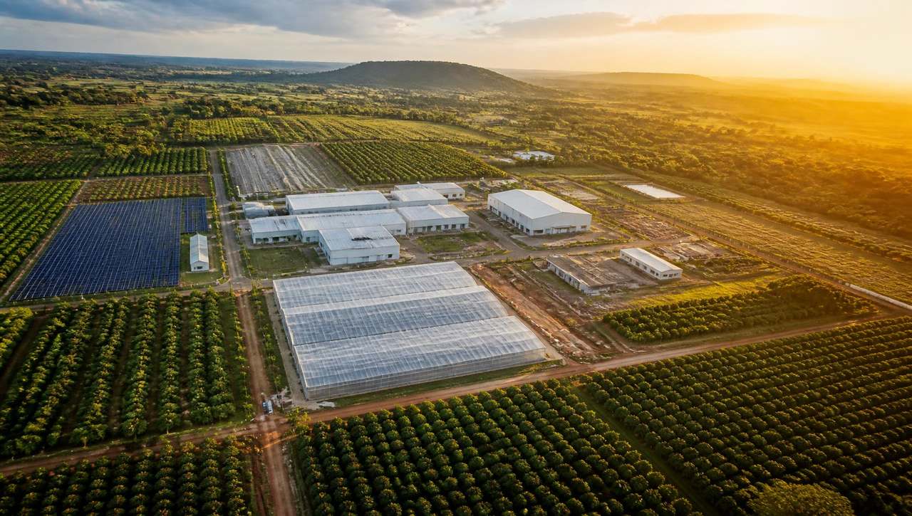 Aerial view of the Eden Ghana biome at golden hour over Somanya