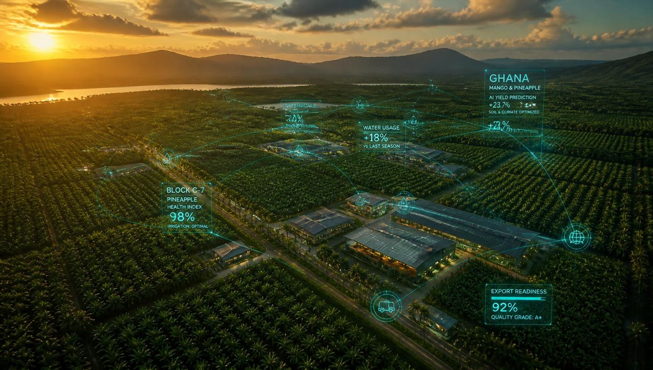 Aerial view of the Eden Ghana biome at golden hour over Somanya