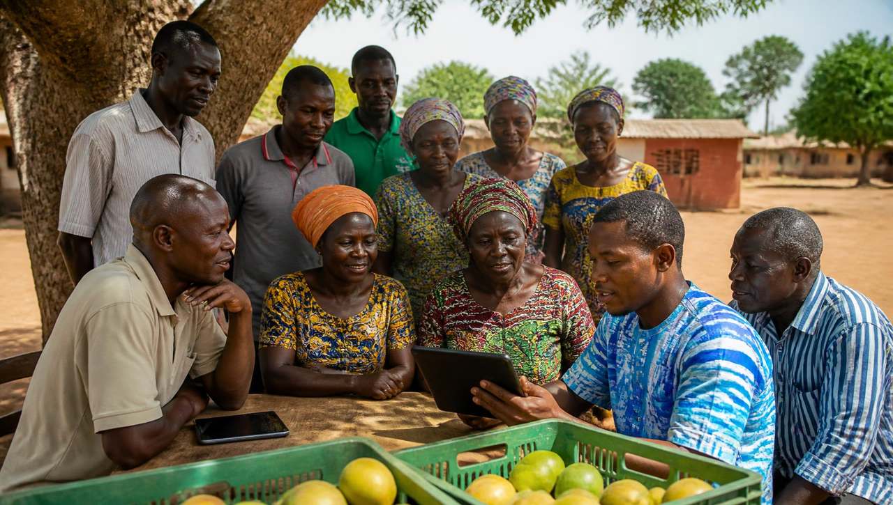 Rural Ghanaian community gathered around an Eden Ghana training and payment kiosk in bright daylight.