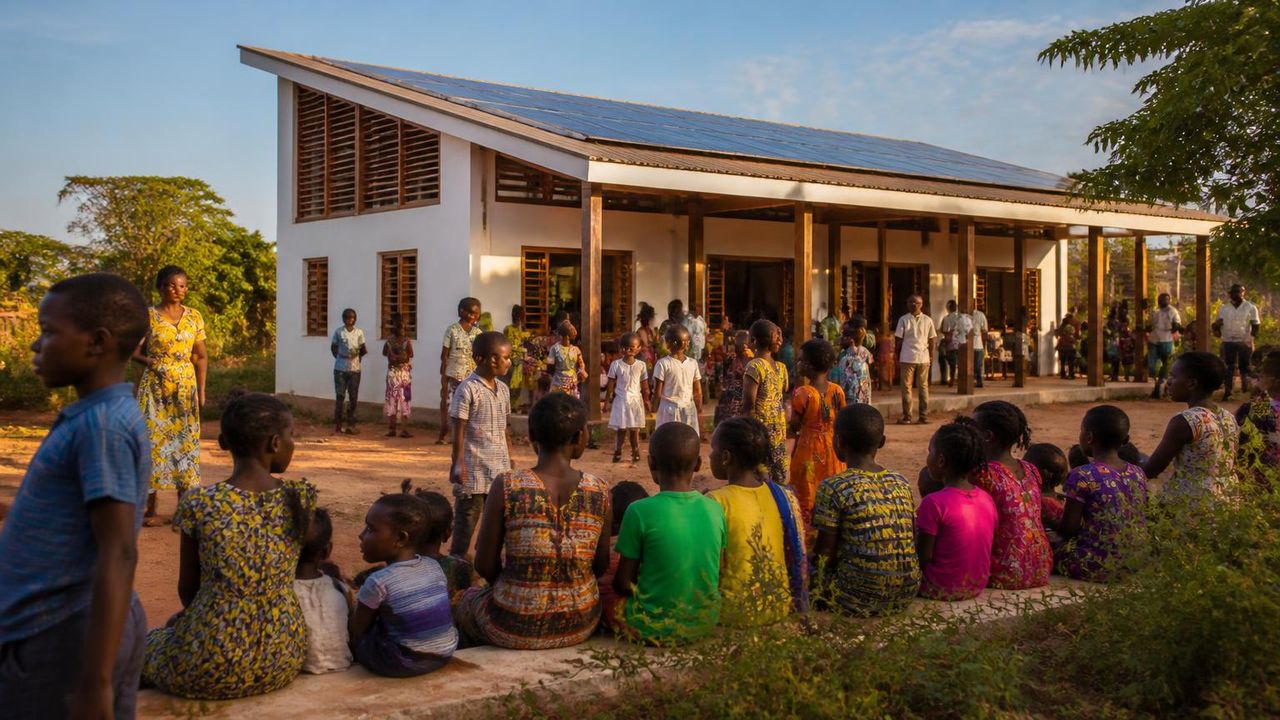Rural Ghanaian community gathered around an Eden Ghana training and payment kiosk in bright daylight.