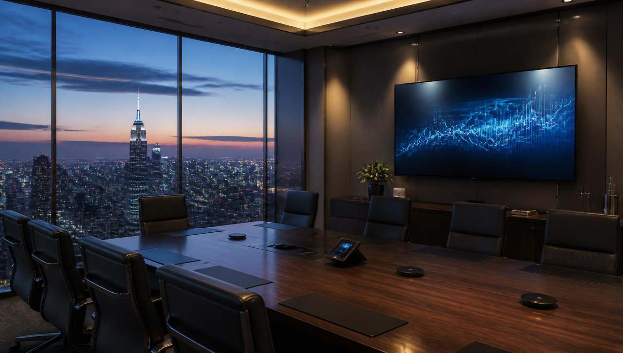 Investor boardroom with financial dashboards on a wall display and the Eden Ghana capital stack under review.