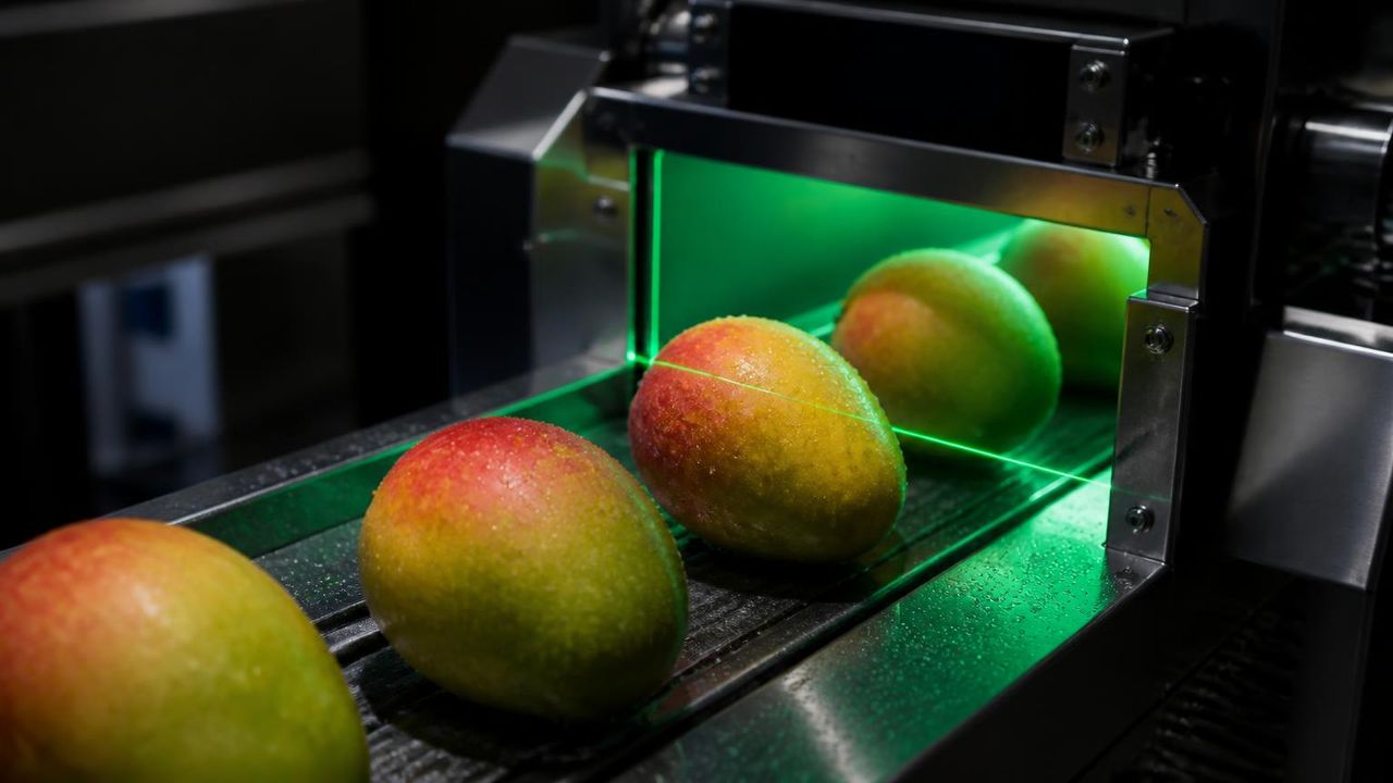 Ripe mangoes passing under a green near-infrared scanning laser on a stainless conveyor