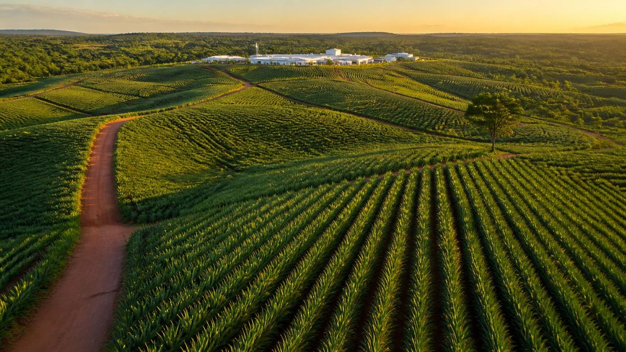 Aerial view of geometric pineapple plantation rows at golden hour beside the Eden Ghana campus