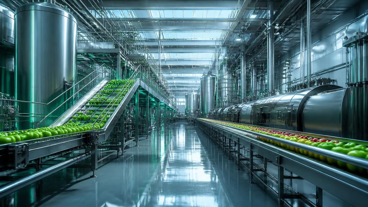 Wide stainless steel processing hall with intake conveyors and aseptic filling lines running the full length of the building.