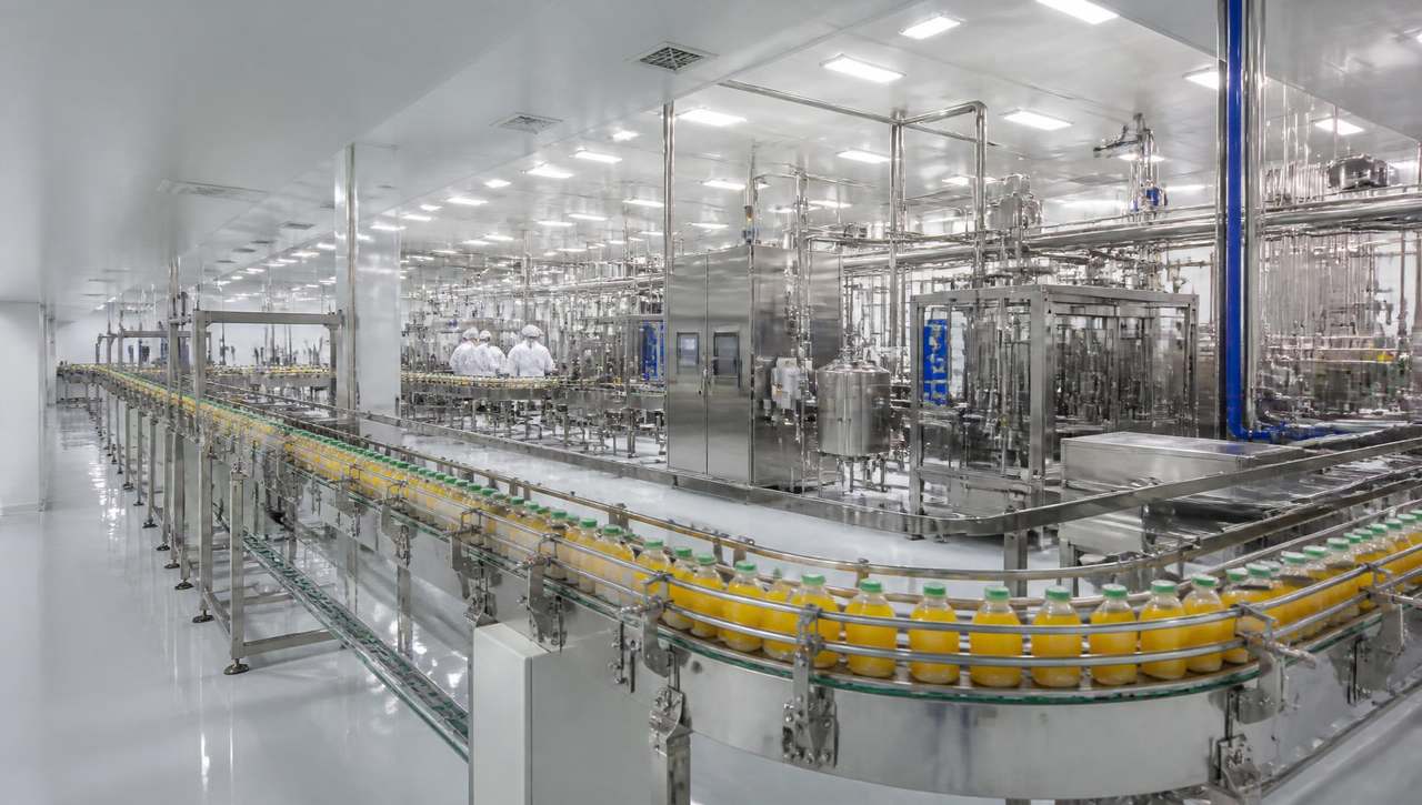Wide stainless steel processing hall with intake conveyors and aseptic filling lines running the full length of the building.