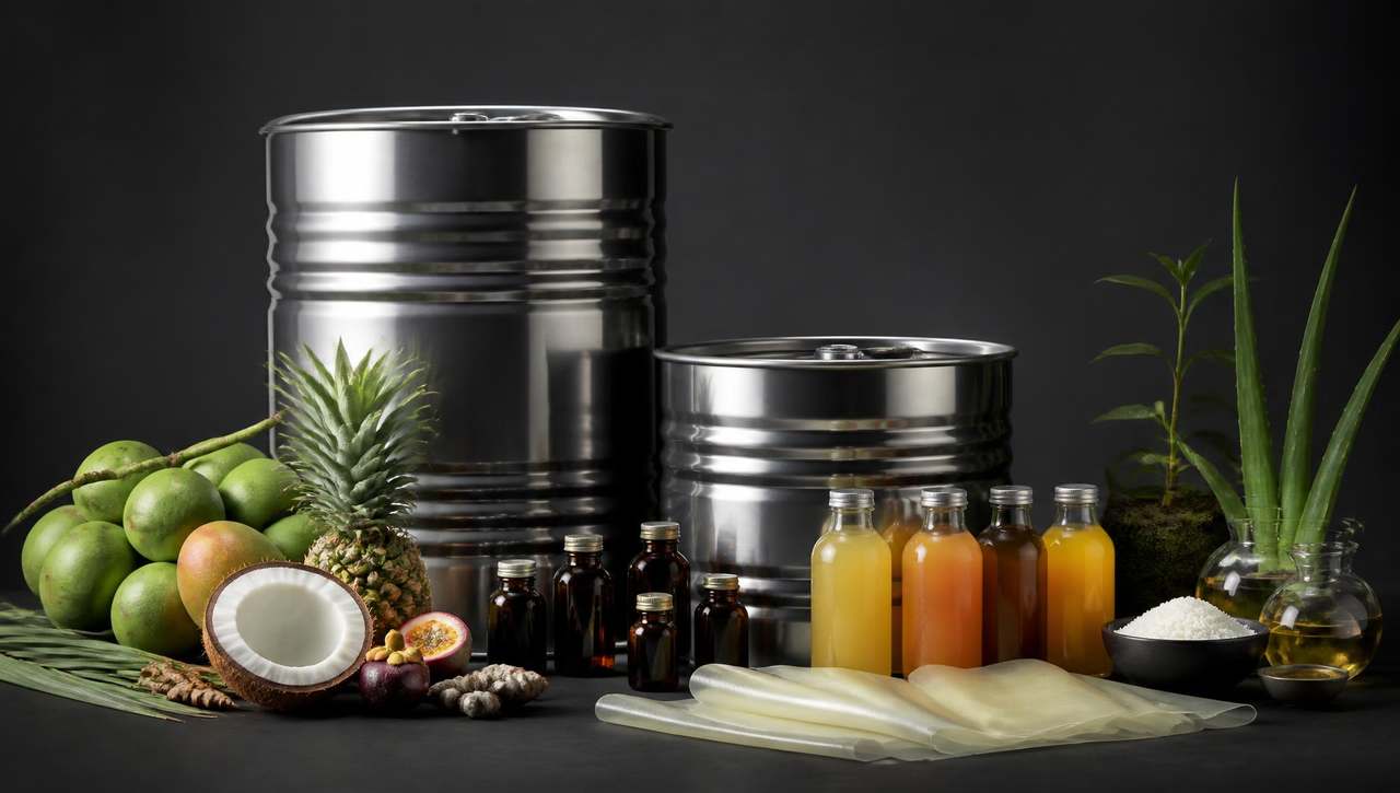Studio still life of the Eden Ghana export range: aseptic drums, enzyme vials, cold-press juice bottles and bio-film sheets.