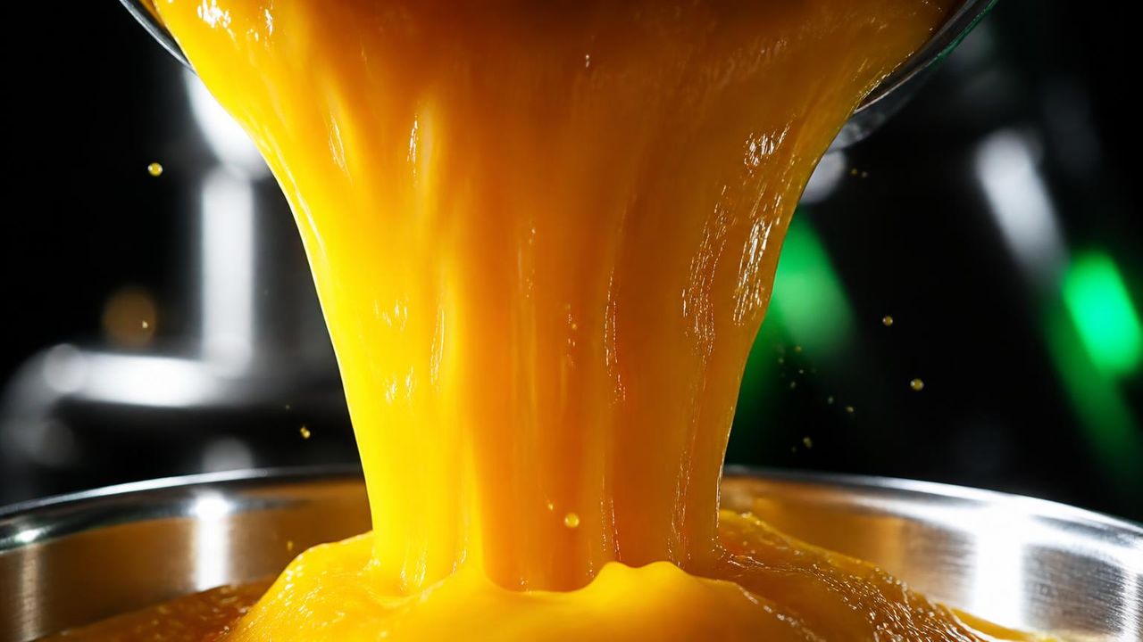 Thick golden mango puree pouring in a glowing ribbon into a sterile stainless vessel