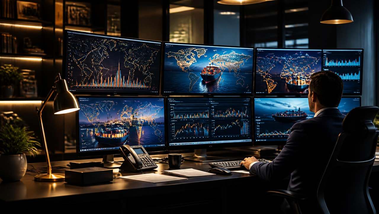 Export trading desk with multiple screens showing lane pricing, incoterm tables and live consignment status.