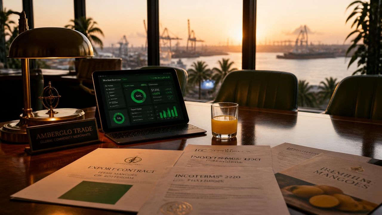 Export trading desk with multiple screens showing lane pricing, incoterm tables and live consignment status.